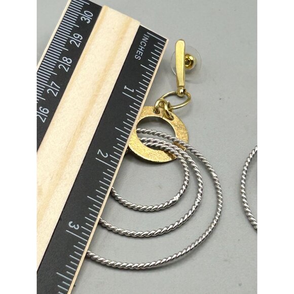 Two Tones Silver Gold Dangles Earrings Intersecting Circles Designer Signed - Picture 6 of 6